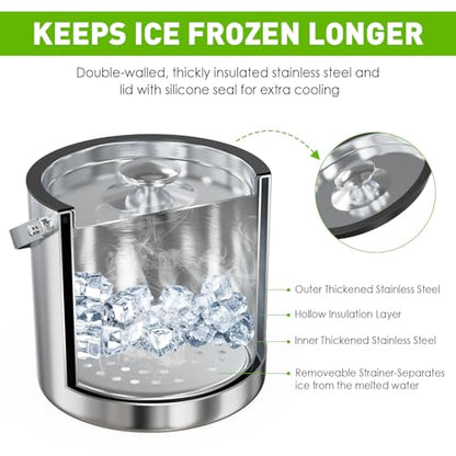 3.2L Insulated Ice Bucket with Silicone Lid, Tongs, and Strainer