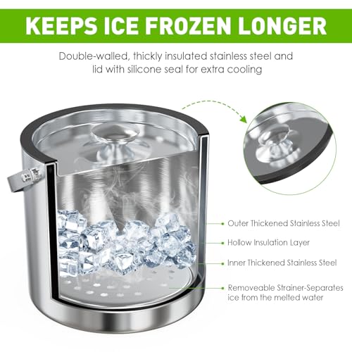 3.2L Insulated Ice Bucket with Silicone Lid, Tongs, and Strainer