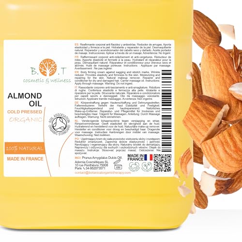 Almond Oil ORGANIC Pure, Cold Pressed, Natural. Cosmetic Massage Oil, Hair and Beard Oil, Body Oil, Anti-Wrinkle Facial Oil, Stretch Marks, Nails, Almond Oil Baby, Scalp Oil - 5000 ml