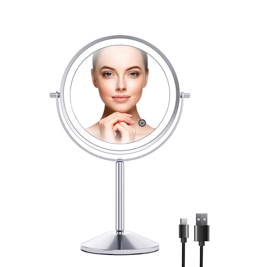 ILLUMAXINF LED Lighted Makeup Mirror with 10x Magnification, 360°Rotation Vanity Mirror with 3 Light Colors, Touch Switch Round Mirror for Bathroom and Home.