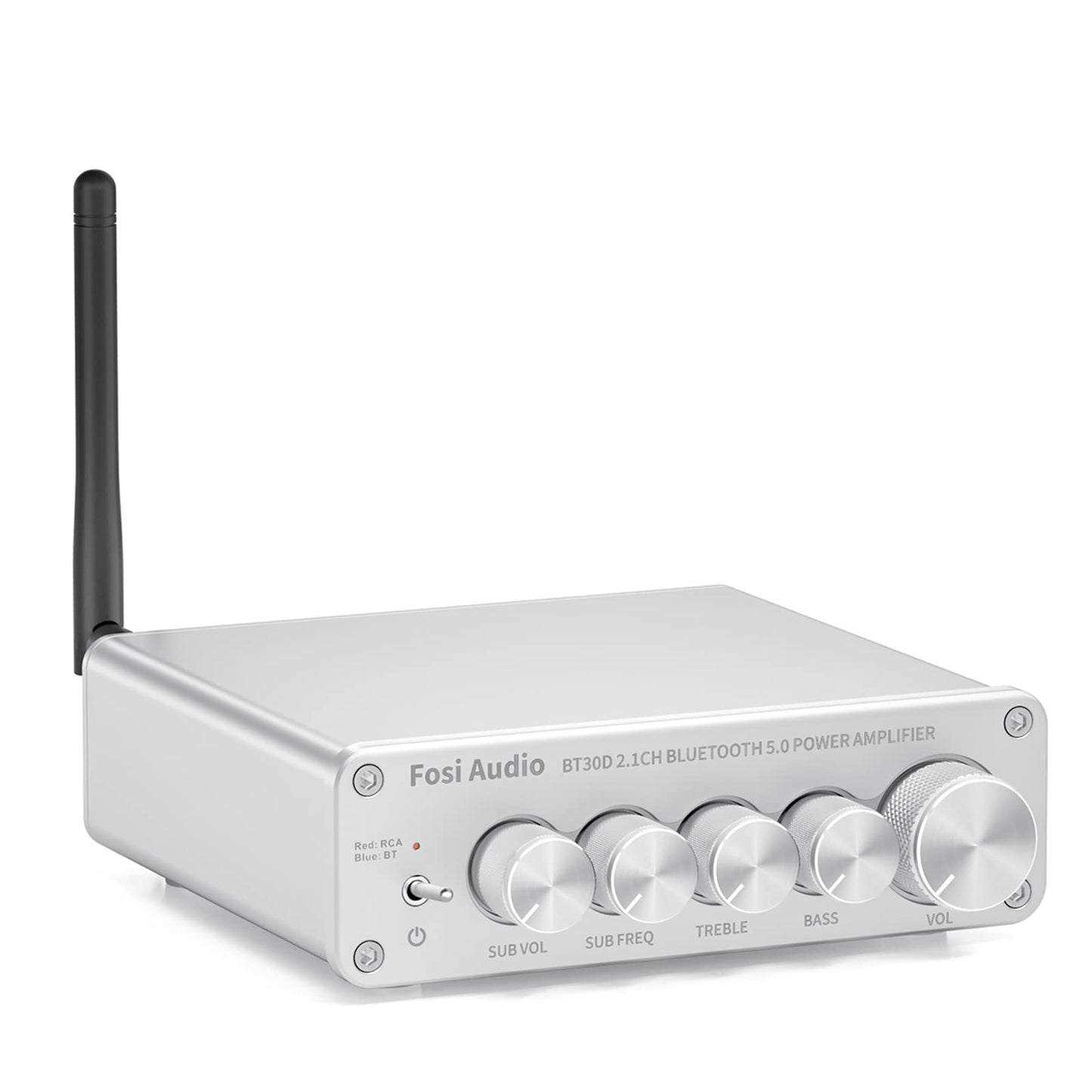 Fosi Audio BT30D-S Bluetooth 5.0 amplifier 50 Watts x2 + 100 Watts Mini Hi-Fi Stereo Audio Class D 2.1 Channel Integrated Amplifier for Home Outdoor Passive Speakers Passive/Powered Subwoofer (Silver)
