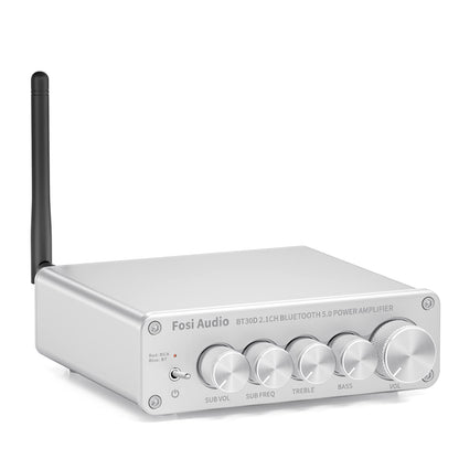 Fosi Audio BT30D-S Bluetooth 5.0 amplifier 50 Watts x2 + 100 Watts Mini Hi-Fi Stereo Audio Class D 2.1 Channel Integrated Amplifier for Home Outdoor Passive Speakers Passive/Powered Subwoofer (Silver)