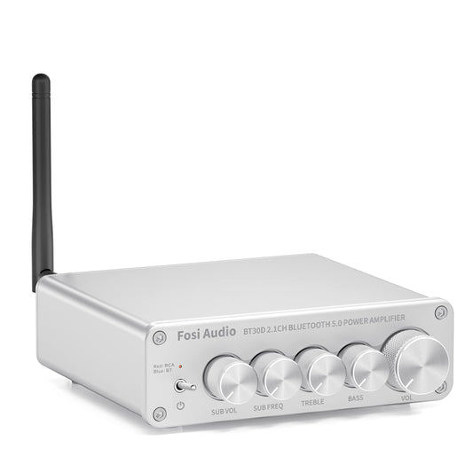 Fosi Audio BT30D-S Bluetooth 5.0 amplifier 50 Watts x2 + 100 Watts Mini Hi-Fi Stereo Audio Class D 2.1 Channel Integrated Amplifier for Home Outdoor Passive Speakers Passive/Powered Subwoofer (Silver)