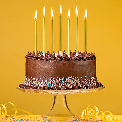 DONQL Birthday Candles, tall cake candles, long birthday candles, thin cupcake candles with holders for birthday cake, baby shower, cakes, wedding, party decoration (24 pieces, gold)