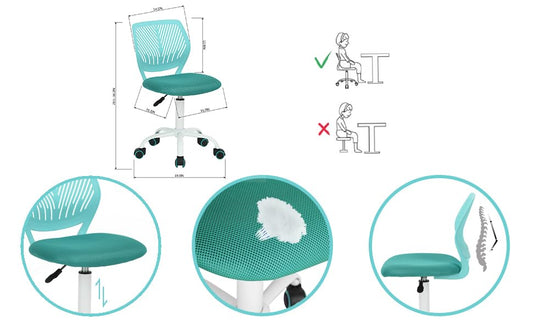 FurnitureR Desk Chair, Study Swivel Chair without Armrests, Adjustable Office Chair, Work Chair for Home Office, Bedroom, Study Room, Turquoise.
