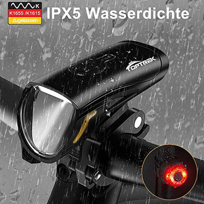 Toptrek bike light set 70/30Lux light modes LED bike light IPX5 waterproof bike lamp USB rechargeable bike light includes front light and rear light.