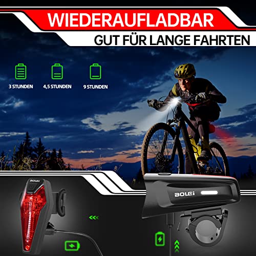 BOLEi LED Bike Light Set 100 LUX | StVZO Approved Bike Lamp | USB Rechargeable Bike Lighting | IPX5 Waterproof Bike Lights | Battery Reminder