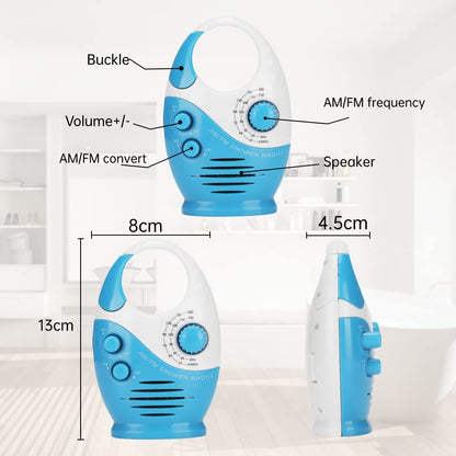 Yunseity Waterproof Shower Radio, Portable AM-FM Radio with Hook Design, Battery Powered, Built-in Speaker, for Bathroom, Kitchen, Outdoor.