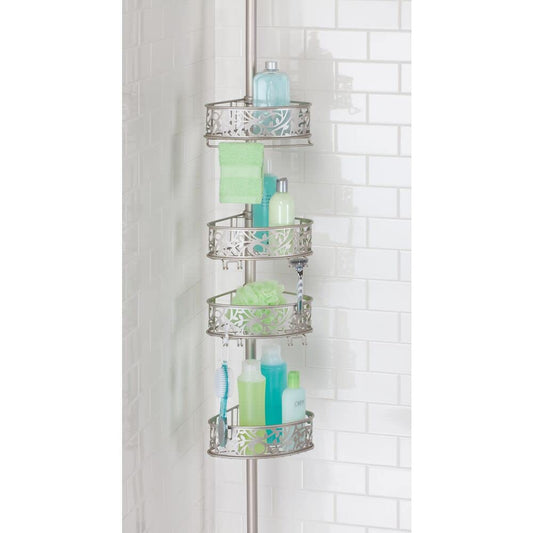 mDesign metal corner shower caddy - expandable shower shelf without drilling - stylish shower basket for shampoo, conditioner, etc. - with floral pattern - matte silver color.