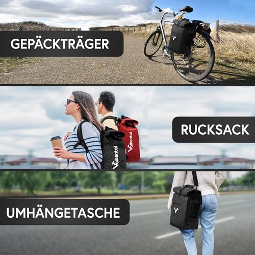 Valkental® 3in1 Bike Bag [Up to 25L] - The Original - Can be used as a pannier bag, backpack, and shoulder bag - 100% Waterproof & Reflective - Secure attachment [Lockable] Laptop compartment