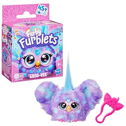 Furby Furblets Groo-Vee Mini, electronic music & phrases in Furbish (over 45 sounds), pastel-colored plush toy, for kids ages 6+, original stocking stuffer, Purple
