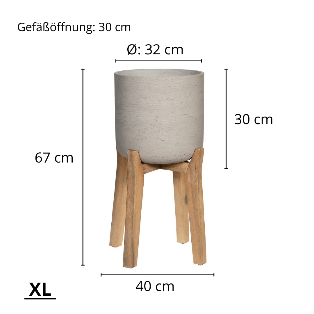Finestgreen Charlie feet high | Handcrafted plant container on wooden legs (XL Ø:40 H:67 cm, Grey) | Pottery Pots
