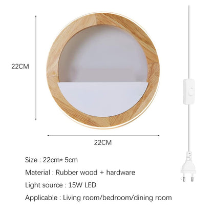 QJUZO Kids Room Wall Light Wood with Plug and Switch, 15W LED Round Indoor Wooden Wall Lamp for Bedroom Night Light Children Bed Lamp, Warm White/Cool White/Neutral White