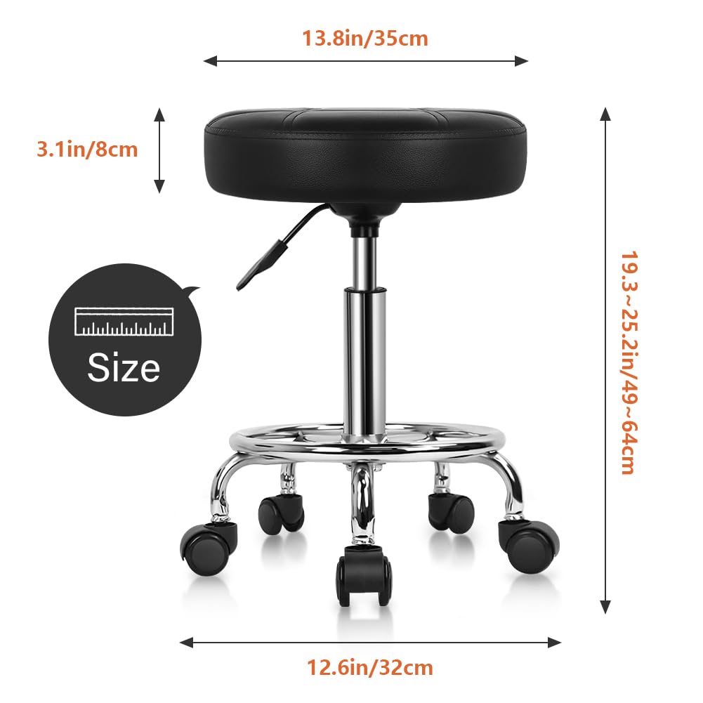 KKTONER Rolling Stool Work Stool Bar Stool height adjustable 49-64cm swivel in faux leather Black