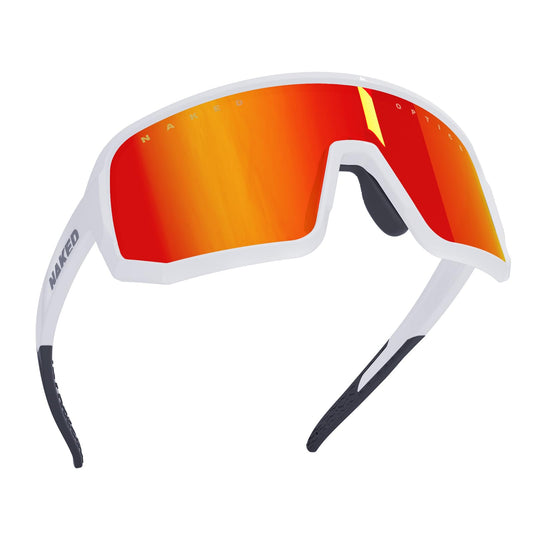 NAKED Optics VOLT sports sunglasses for men and women. UV400 protection, quick lenses, for cycling, running, and racing. Interchangeable lenses included. Color: White (Red lens).