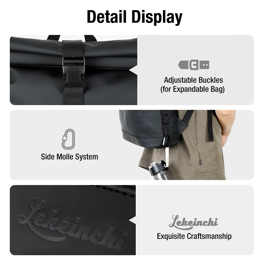 Lekeinchi Rolltop Backpack Waterproof for Women & Men, Large Laptop Backpack with Computer Compartment for 17 Inch Laptop, Stylish Travel Daypack for Travel, Cycling, University School--Black