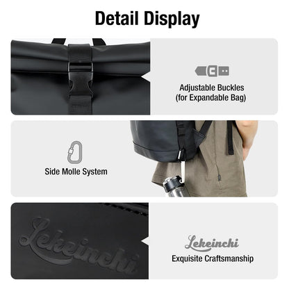Lekeinchi Rolltop Backpack Waterproof for Women & Men, Large Laptop Backpack with Computer Compartment for 17 Inch Laptop, Stylish Travel Daypack for Travel, Cycling, University School--Black