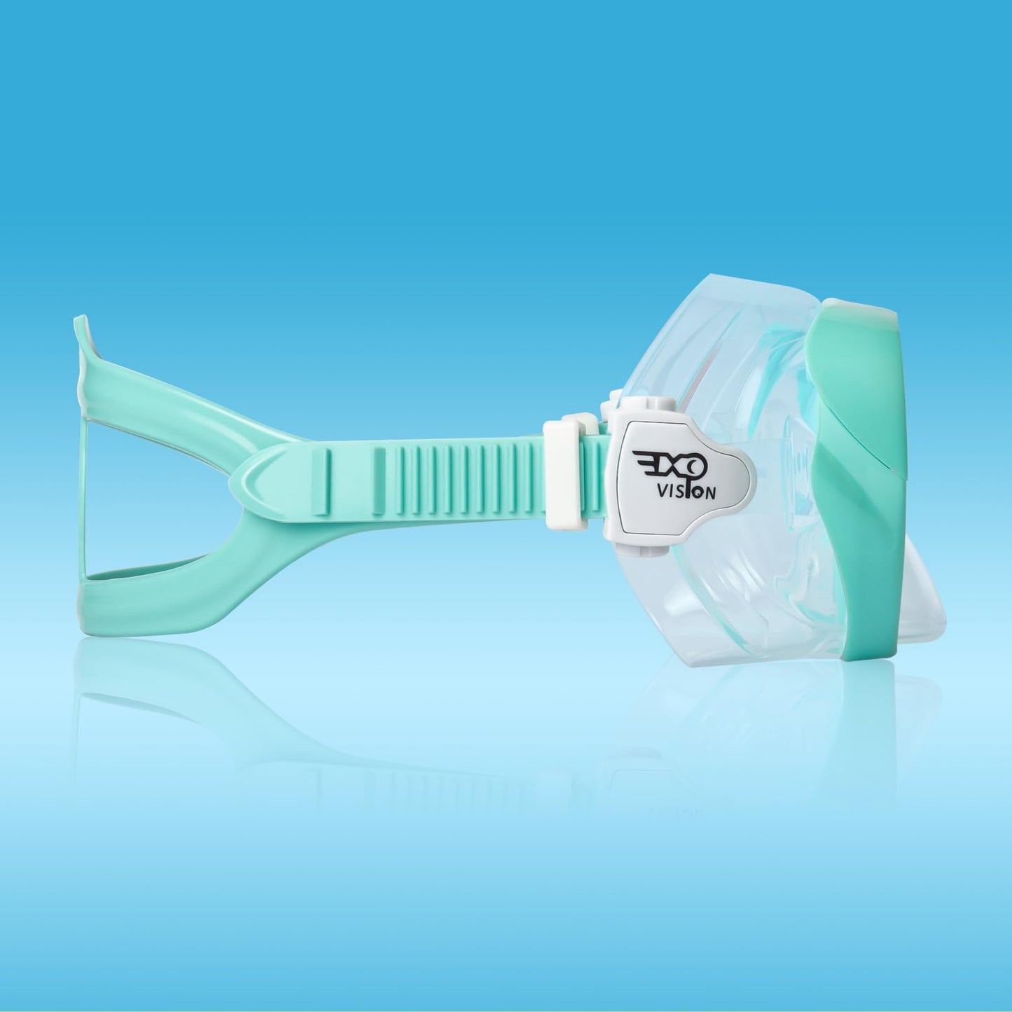 Children's snorkel mask with 180° panoramic view, anti-fog tempered glass, and silicone seal. Ideal for kids aged 4-16. Available in aqua color.