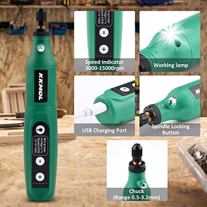 Battery Rotary Tool - Electric Mini Drill with 5 variable speeds and 61 accessories, grinding set for polishing/carving/cutting/cleaning/sharpening DIY tool kit (green)