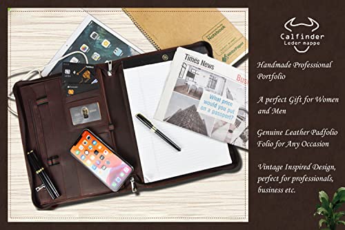 Calfinder a4 Writing Portfolio, Leather Business Portfolio, Zipper Conference Portfolio/a4 Clipboard, Document Folder for iPad Pro 10.5/11, Gifts for Women/Men, Dark Brown