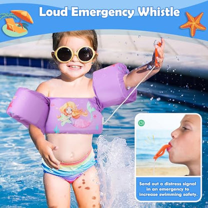MoKo Kids Arm Floaties, Cartoon Floating Swimsuit Swim Training Jacket with Buckle for Boys Girls, 20 to 50 lbs - Purple & Star Mermaid