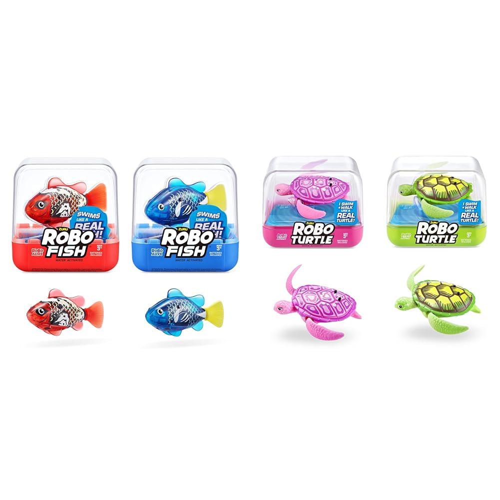 ROBO ALIVE Robo Fish Series 3 Robot Fish, 2-pack, blue and red, swims in multiple directions, battery operated, toy fish, pool toy & Robot Turtle (2-pack, green & pink)