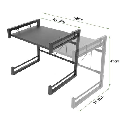 Microwave shelves, stainless steel kitchen shelf, retractable microwave rack, multifunctional microwave holder, kitchen storage organizer, microwave stand with 4 storage hooks, black.
