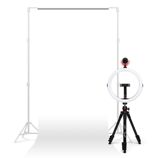 JOBY Creator Studio Complete Kit, full-size tripod with smartphone clamp, 12' ring light, Wavo On-Camera Shotgun Microphone, White Seamless Paper Background, and 3-in-1 quick charge cable 1.2m.