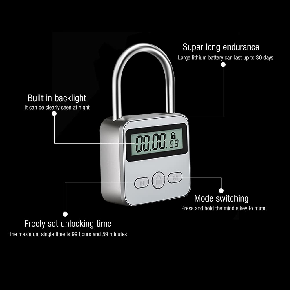 CJBIN Digital Time Lock with LCD Display, Kitchen Safe Time Lock Rechargeable USB Security Padlock, Prevent bad habits (Silver)