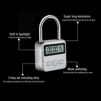 CJBIN Digital Time Lock with LCD Display, Kitchen Safe Time Lock Rechargeable USB Security Padlock, Prevent bad habits (Silver)