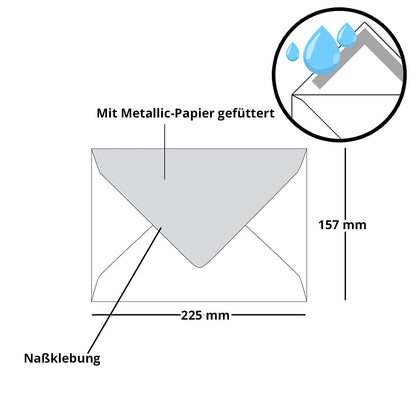 50 metallic silver lined envelopes, size C5 (157 x 225 mm), black color - wet adhesive with pointed flap - ColorsFroh by GUSTAV NEUSER.