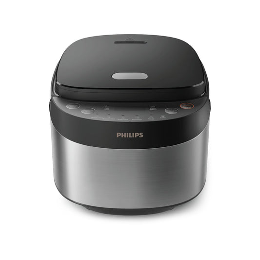 Philips Multi-Cooker 3000 Series - 0.85L, 8 cooking functions, 4-layer non-stick pot, 30-minute quick cook mode, Fuzzy Logic, Black-Silver design (HD3093/80)