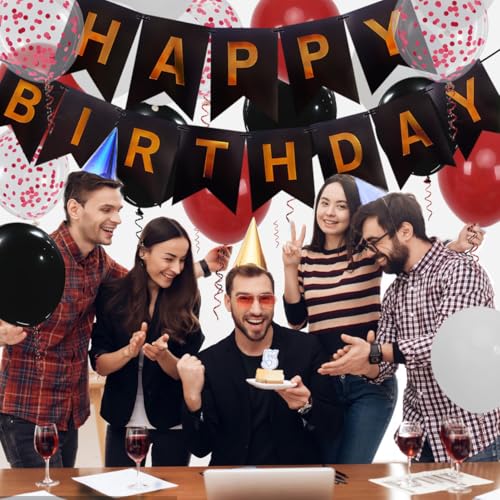 Happy Birthday Banner, Red Birthday Decorations, 16 pieces 12 inch balloons with 2 strings for men, women, girls, and boys party decoration