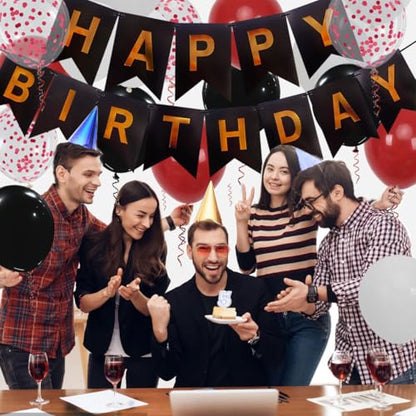 Happy Birthday Banner, Red Birthday Decorations, 16 pieces 12 inch balloons with 2 strings for men, women, girls, and boys party decoration