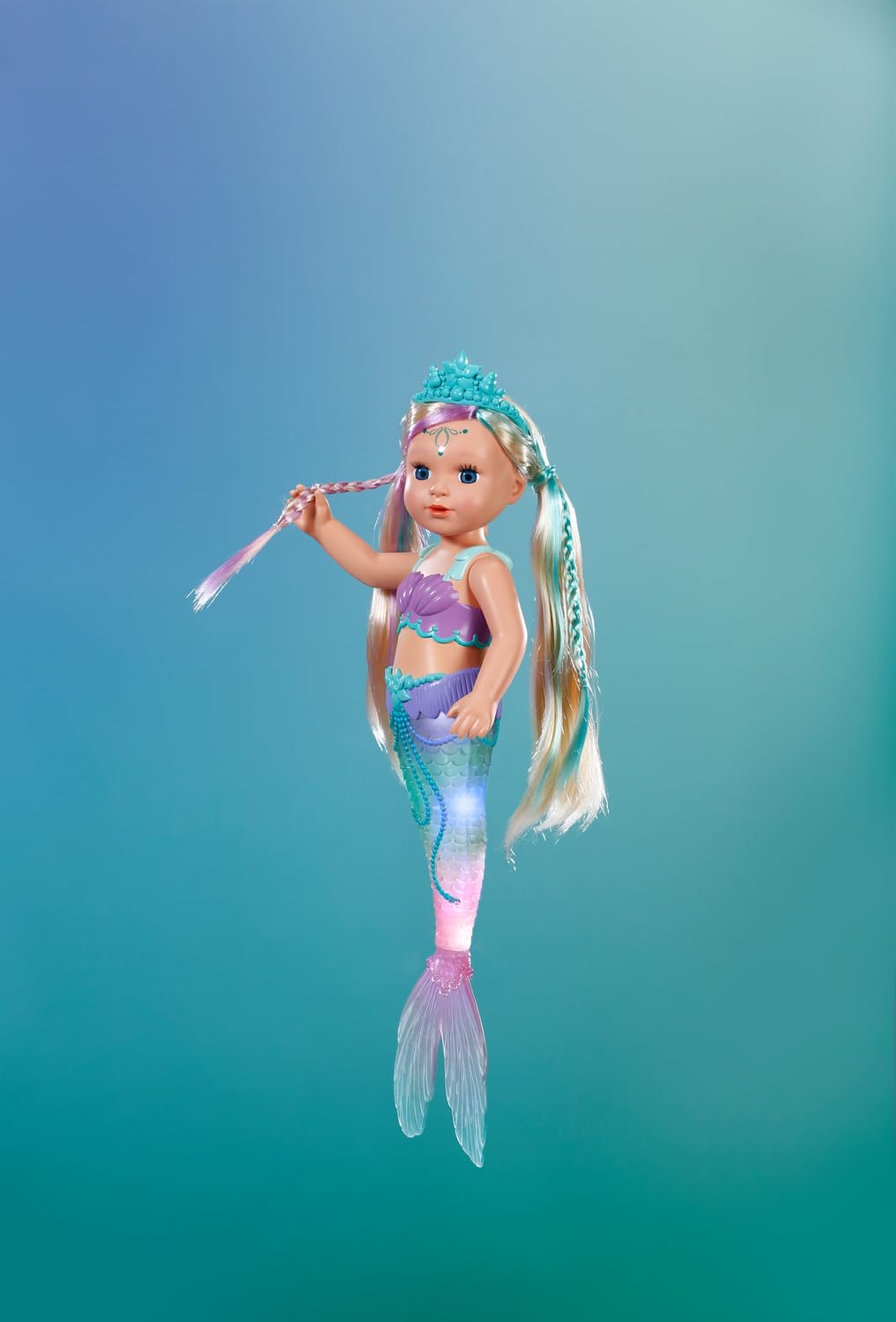 BABY born Mermaid 43cm, doll with long hair to style and light-up tail, for children ages 3 and up, batteries required, 837351 Zapf Creation.