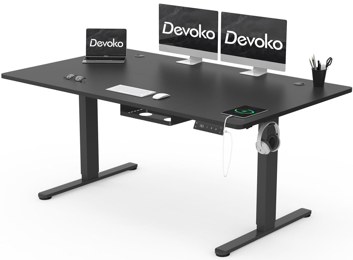 Devoko Height Adjustable Desk 160x80cm with Type-C Charging Port, Electric Height Adjustable Desk, Mobile Electric Computer Desk with Cable Management Tray, Black