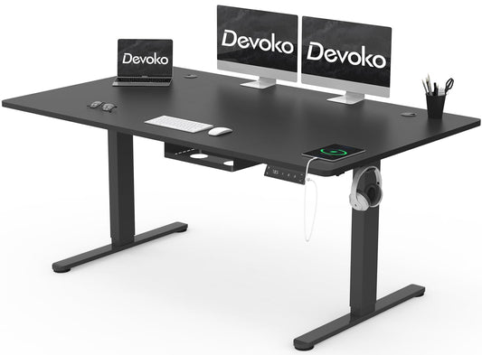 Devoko Height Adjustable Desk 160x80cm with Type-C Charging Port, Electric Height Adjustable Desk, Mobile Electric Computer Desk with Cable Management Tray, Black
