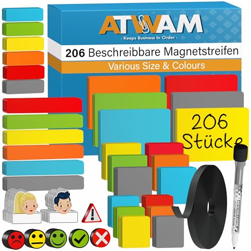 ATWAM - 206 Writeable Magnets - Accessory MEGA Set - 5 Different Sizes - 6 Colors, 45 Emoticons - Writeable Magnet Strips - For Whiteboard, Magnetic Board, Magnet Wall & Refrigerator