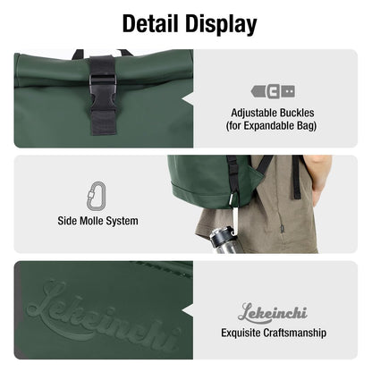 Lekeinchi Rolltop Backpack Waterproof for Women & Men, Large Laptop Backpack with Compartment for 17 Inch Laptop, Elegant Travel Daypack for Travel, Cycling, Uni School, Work-Green.