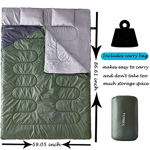Tuphen Double Sleeping Bag, Sleeping Bag with 2 Pillows, Queen Size XL Bag for 2 People, Cold Warm Weather- 3 Season, Waterproof Adult Sleeping Bag for Camping, Backpacking or Hiking