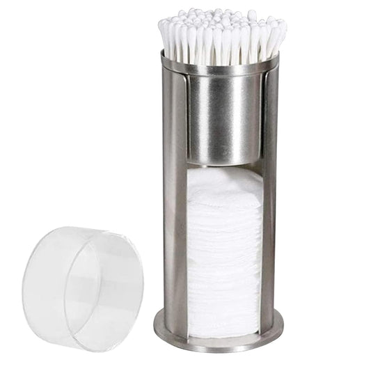 HERCHR 2-in-1 stainless steel cotton swab holder, makeup cotton pads dispenser, organizer, qtip holder, dispenser with acrylic lid for bathroom vanity, 18.5 x 7.3 cm