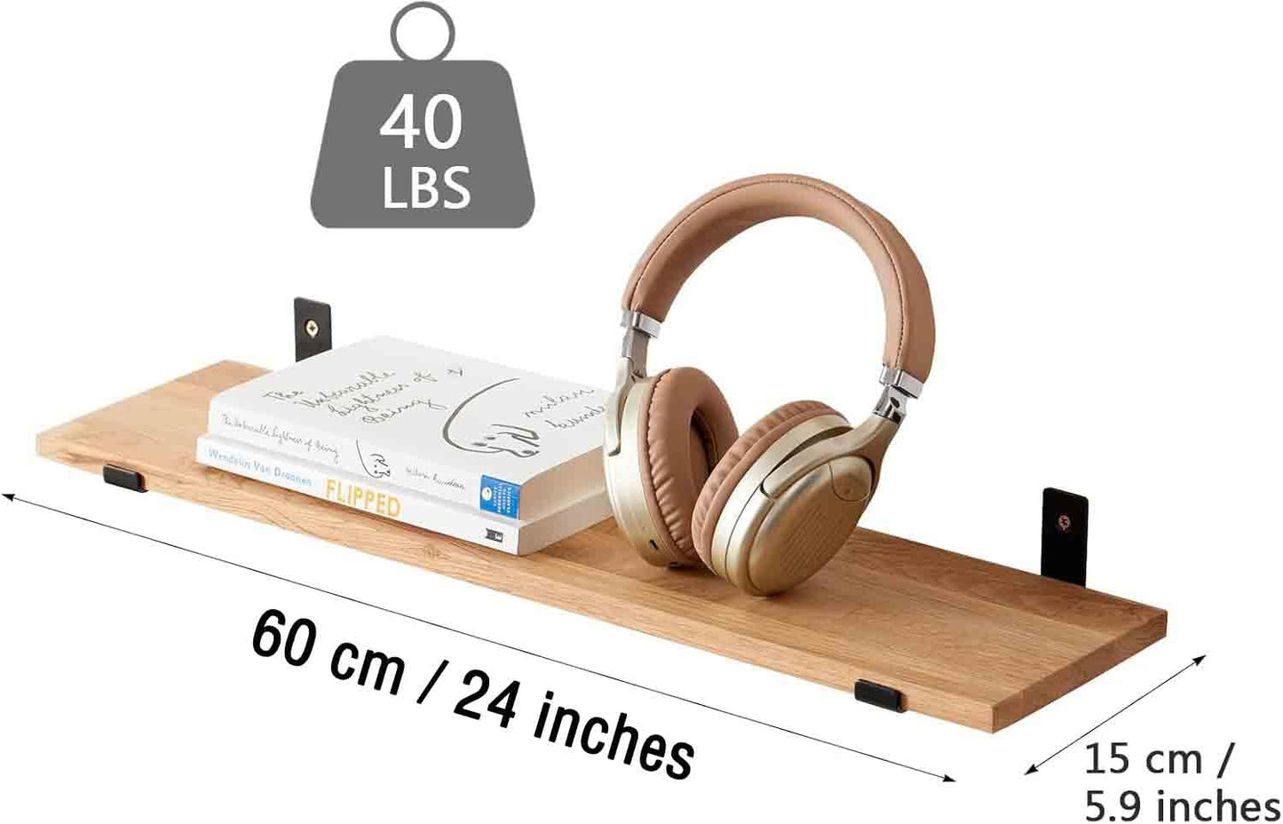 TREOAKWIS Floating shelf made of solid oak, 60cm wooden wall shelf for bathroom, bedroom, living room, kitchen, office, laundry room. Rustic wall shelves for storage.