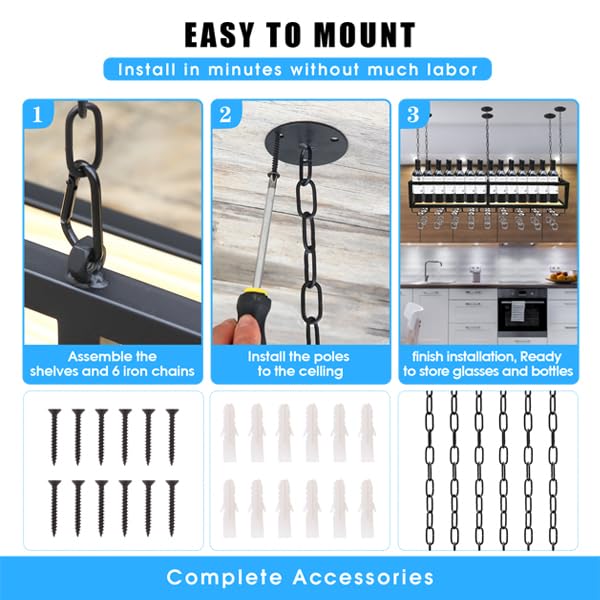 DSVONAUS Ceiling Shelf Wine Rack with Glass Holder, Hanging Metal Wine Bottle Holder, Adjustable Height Industrial Ceiling Wine Rack, Ceiling Decor Shelf for Bars, Restaurants, Kitchens (60×25×100cm)