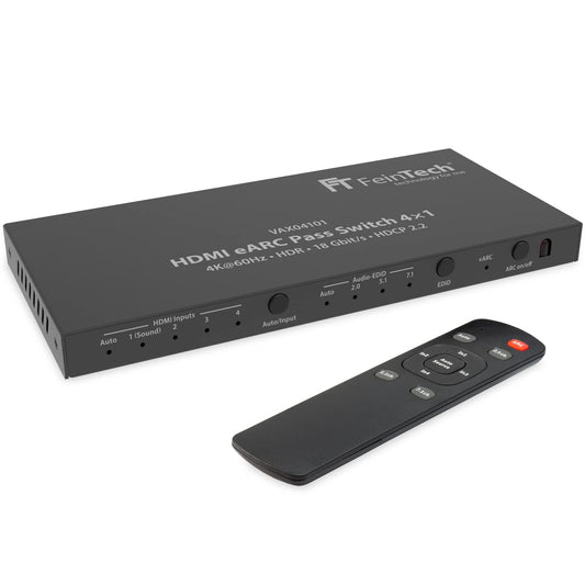 FineTech VAX04101A HDMI eARC Pass Switch 4x1 - HDMI Audio Extractor for eARC soundbar, 3 media players, and 1 display, supports 4K 60Hz, HDR, Dolby Vision, Dolby Atmos, DTS