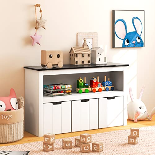 DREAMADE Kids Bookshelf Toy Cabinet with 3 Drawers on Wheels, Toy Storage for Kids, Toy Organizer Toy Shelf for Children's Room Living Room, 102x33x62cm (Black Top)