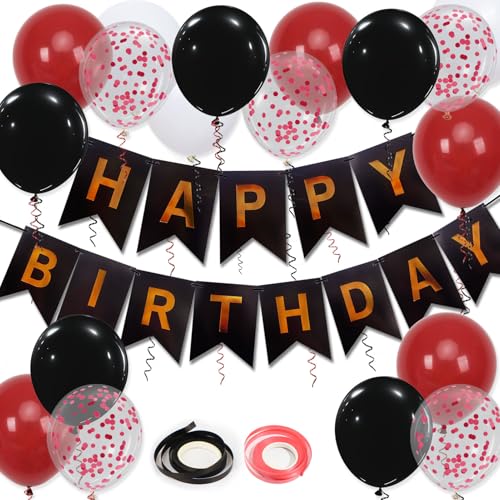Happy Birthday Banner, Red Birthday Decorations, 16 pieces 12 inch balloons with 2 strings for men, women, girls, and boys party decoration