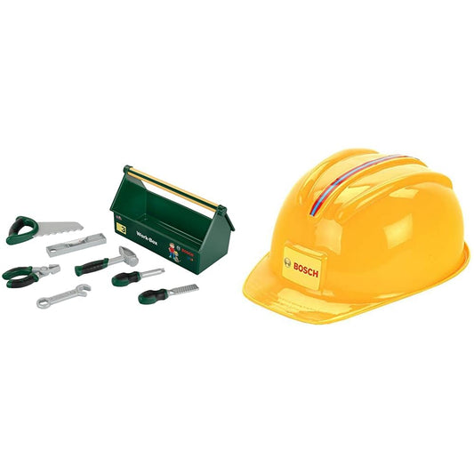 Theo Klein 8573 Bosch Tool Box with 7-Piece Tool Set, sturdy box with handle 30.25 x 14 x 17.25 cm & Bosch Craftsman Helmet in yellow, toy helmet in craftsman look 25.8 x 19.5 x 11 cm