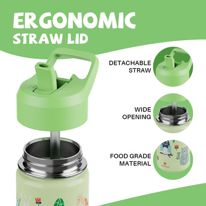SANTECO Kids Stainless Steel Water Bottle 500ml with Straw, Kids Thermos Bottle BPA-free Water Bottle Easy to Clean, Thermos Flask for Boys Girls in Kindergarten School - Owl