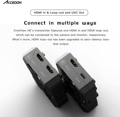 Accsoon CineView WIT04-HE video transmission dual-band HDMI wireless transmitter & receiver with a range of 1200ft (350m) and support for up to 4 monitor devices. Operates on 2.4+5Ghz frequencies with latency of less than 0.06s.