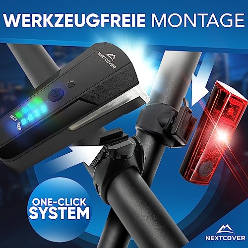 NEXTCOVER® bike light set with [LightSense] sensor & 11h battery life I USB rechargeable & waterproof I StVZO approved I LED front bike light I bike lamp & bike rear light (80 Lux Pro+)